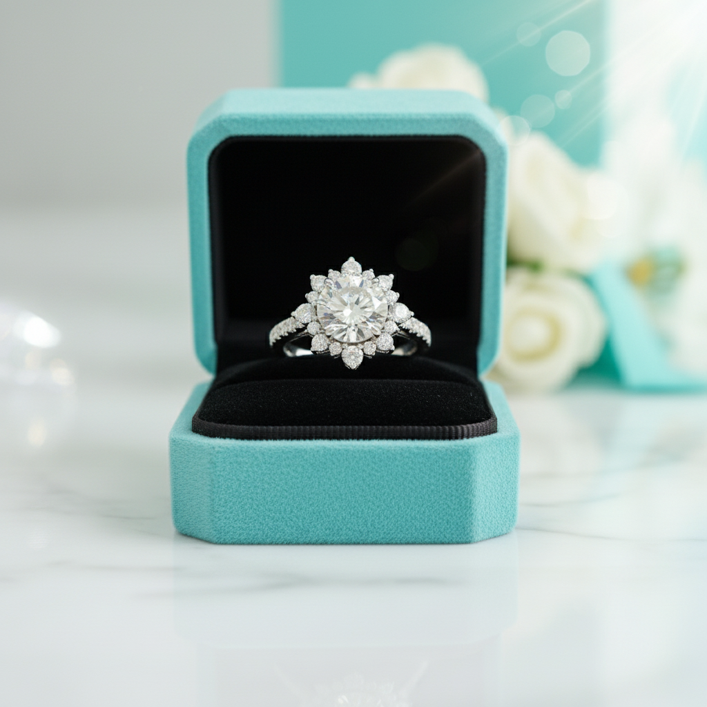 2.0 ct Round Cut Diamond in Snowflake Design Engagement Ring with Halo-Evani Jewelry