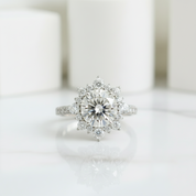2.0 ct Round Cut Diamond in Snowflake Design Engagement Ring with Halo-Evani Jewelry