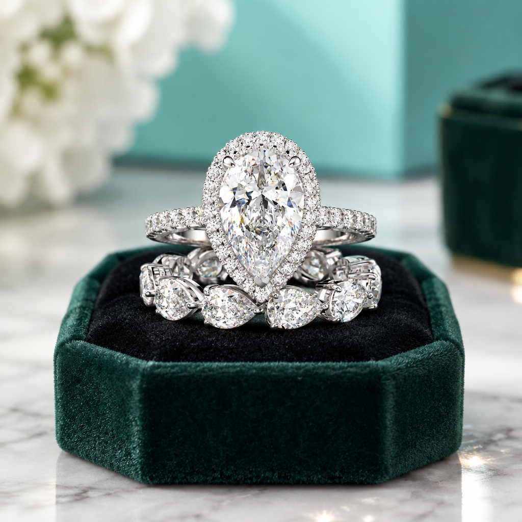 2.2 Ct Halo Pear Cut Diamond Option Wedding Ring Set - Evani Naomi Jewelry