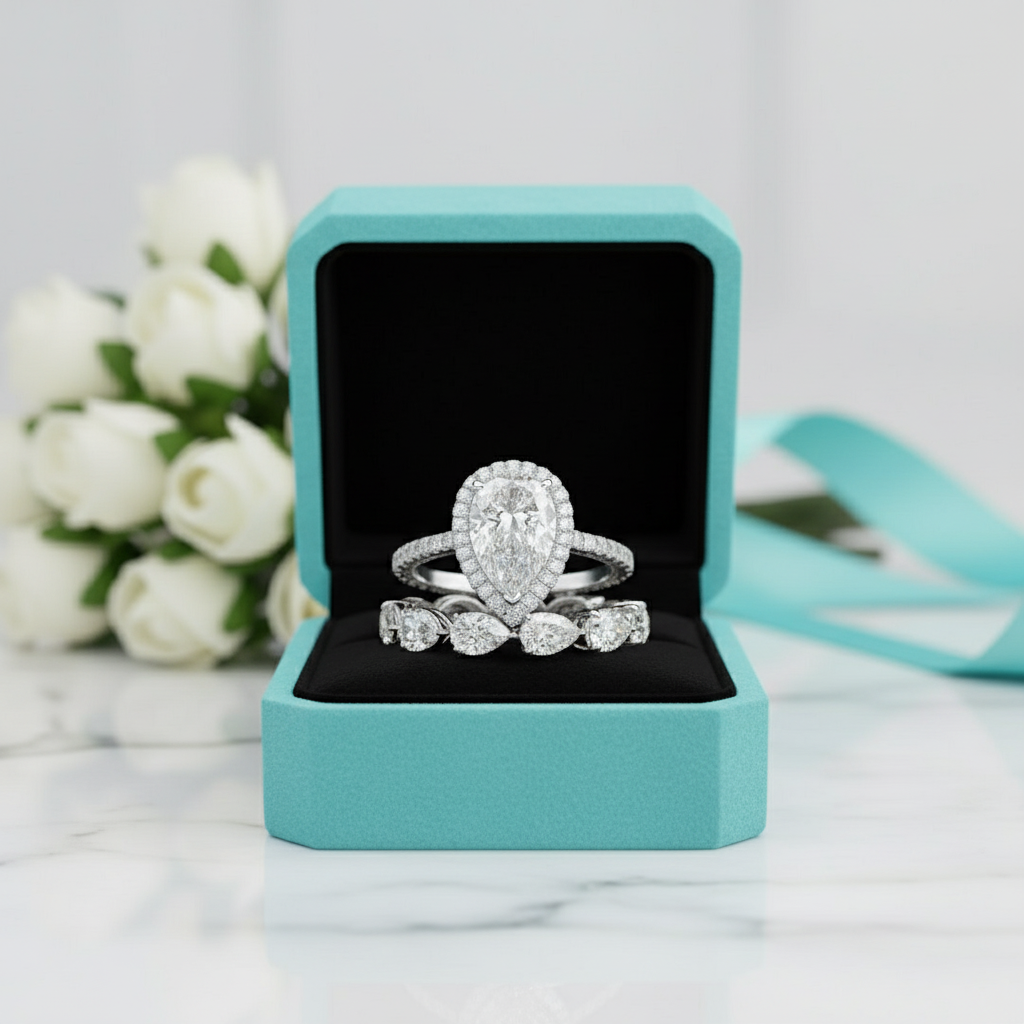 2.2 Ct Halo Pear Cut Diamond Birthstone Wedding Ring Set-Evani Jewelry