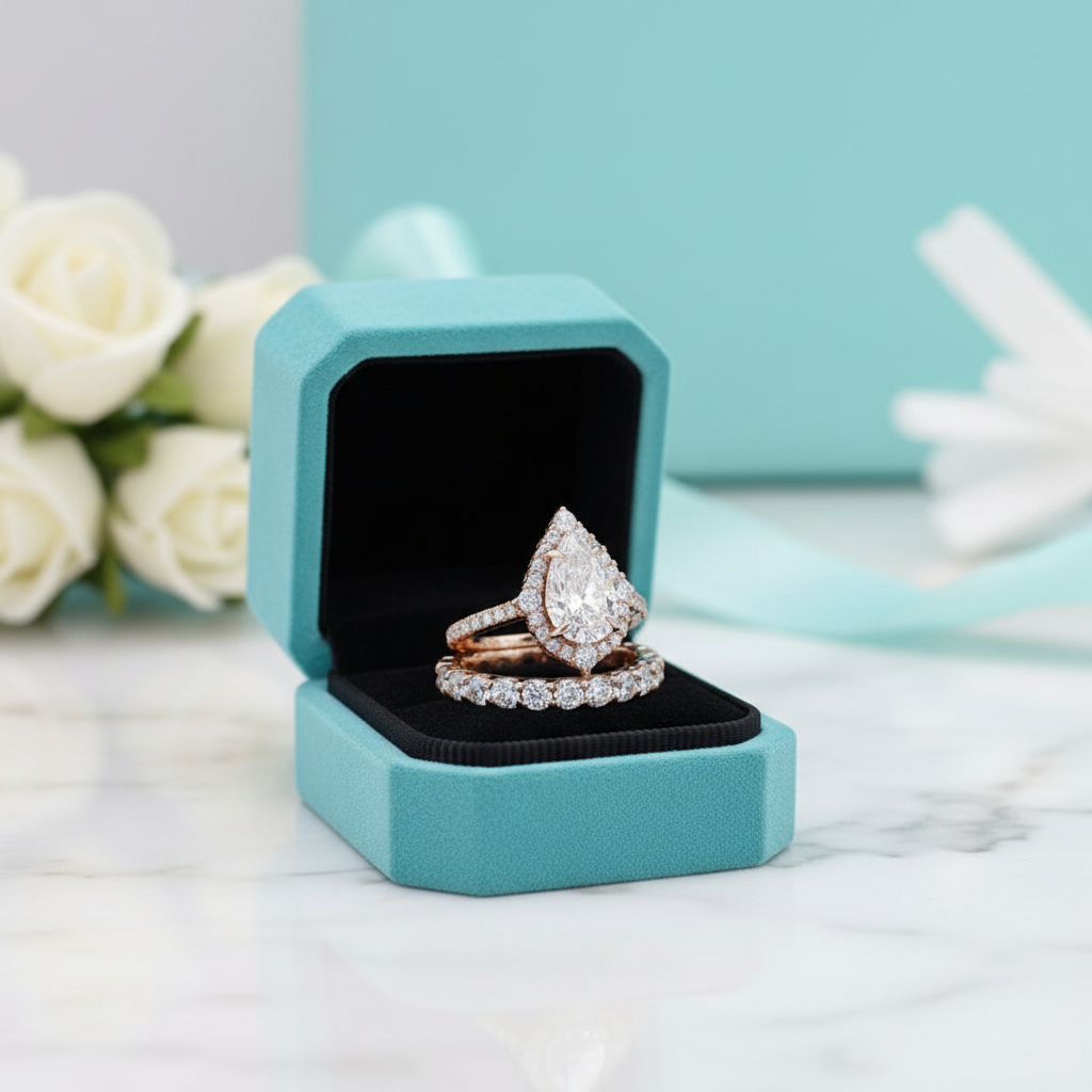 2.2 ct Pear-Cut Diamond Rose Gold Halo Bridal Ring Set-Evani Jewelry