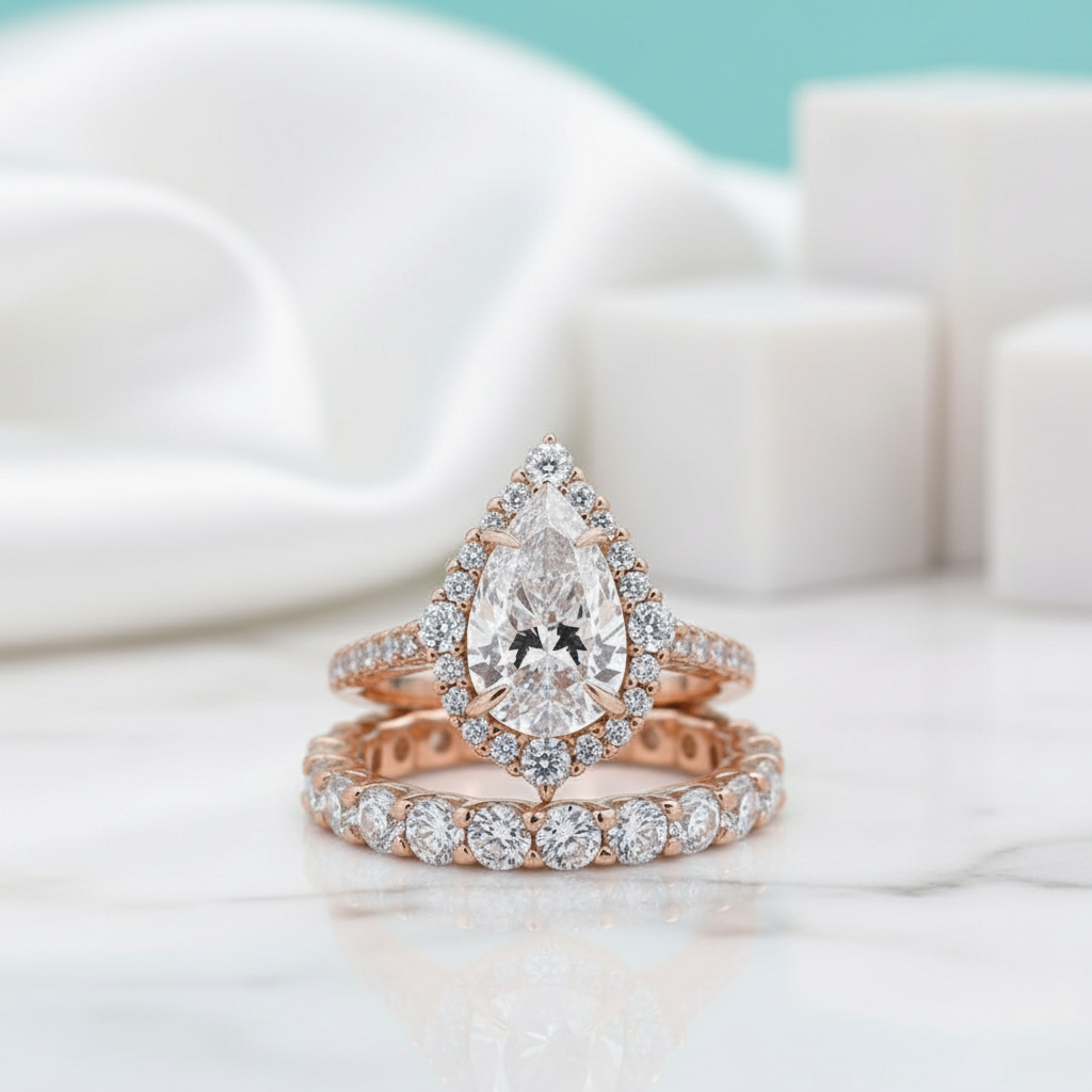 2.2 ct Pear-Cut Diamond Rose Gold Halo Bridal Ring Set-Evani Jewelry