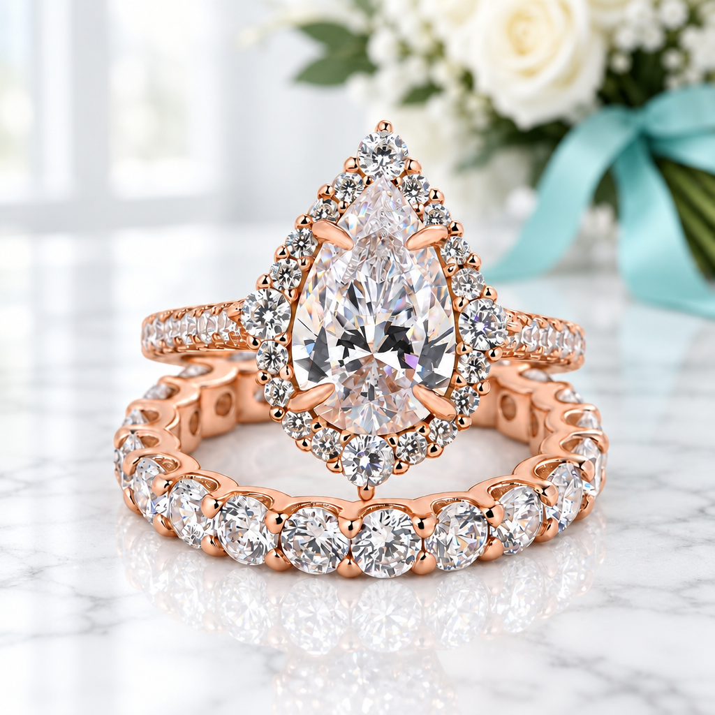 2.2 ct Pear-Cut Diamond Option Rose Gold Halo Bridal Ring Set - Evani Naomi Jewelry