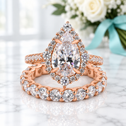 2.2 ct Pear-Cut Diamond Option Rose Gold Halo Bridal Ring Set - Evani Naomi Jewelry
