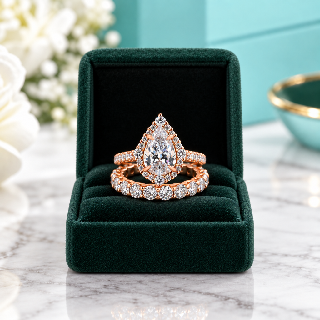 2.2 ct Pear-Cut Diamond Option Rose Gold Halo Bridal Ring Set - Evani Naomi Jewelry