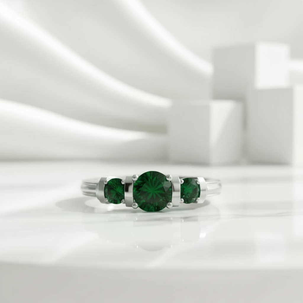 2.4 Ct Round Cut Three Stone Emerald Bar Engagement Ring-Evani Jewelry