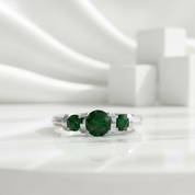 2.4 Ct Round Cut Three Stone Emerald Bar Engagement Ring-Evani Jewelry