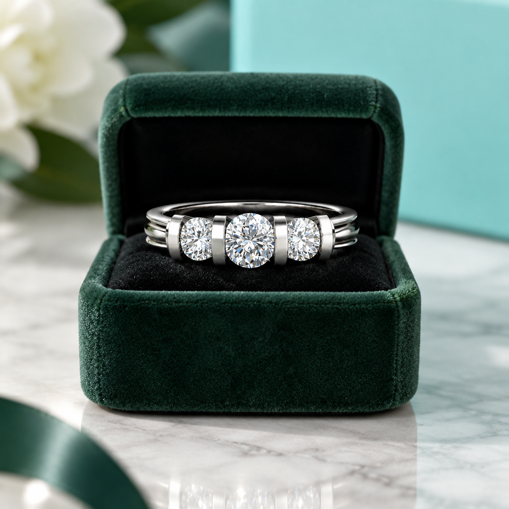 2.4 Ct Round Cut Three Stone Diamond Option Bar Engagement Ring - Evani Naomi Jewelry