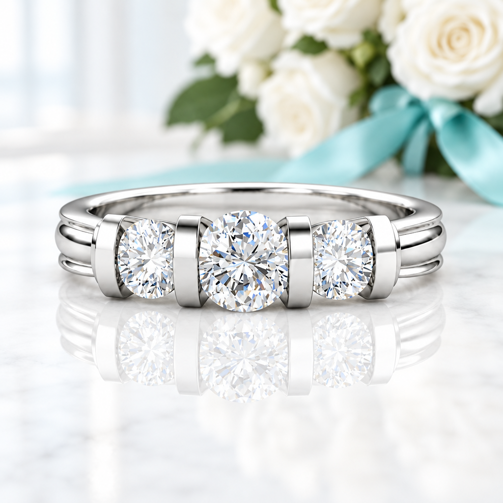 2.4 Ct Round Cut Three Stone Diamond Option Bar Engagement Ring - Evani Naomi Jewelry