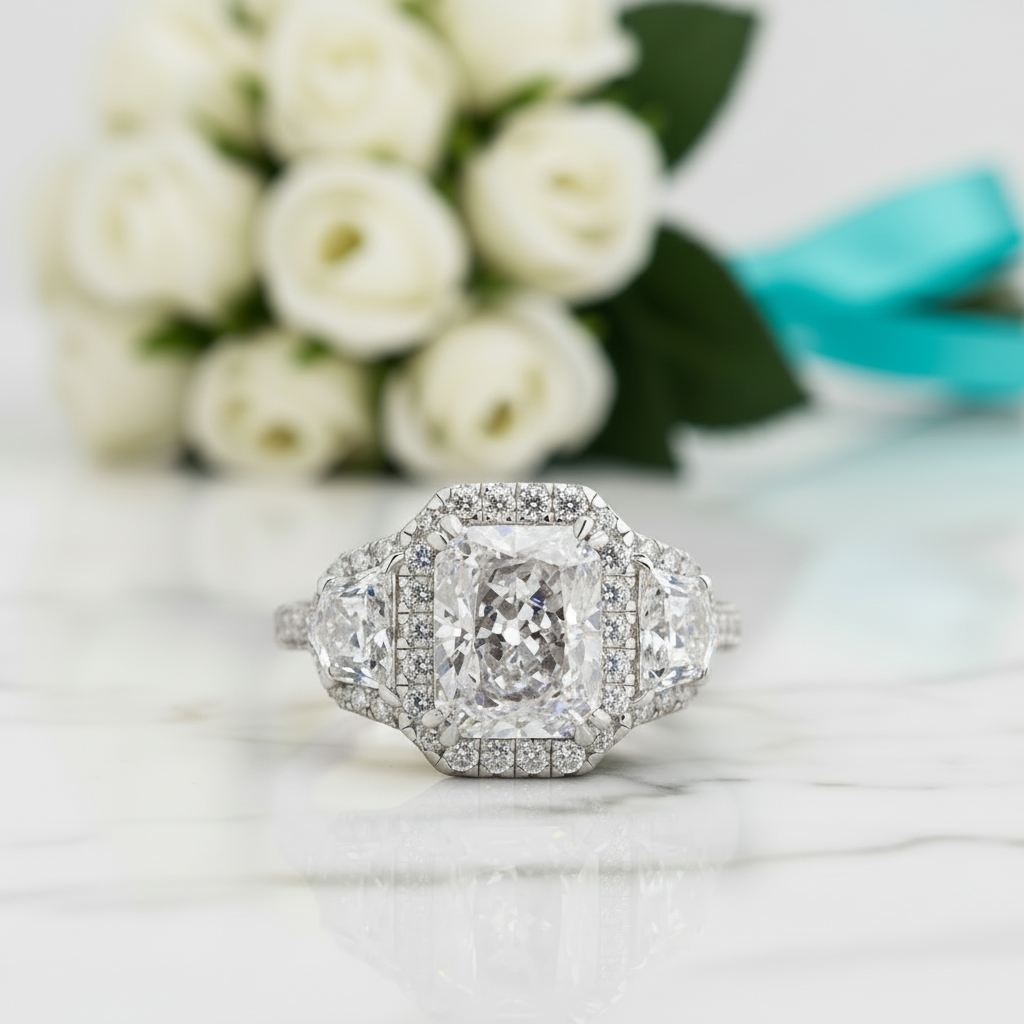 2.5 Ct Radiant Cut Three Stone Engagement Ring-Evani Jewelry