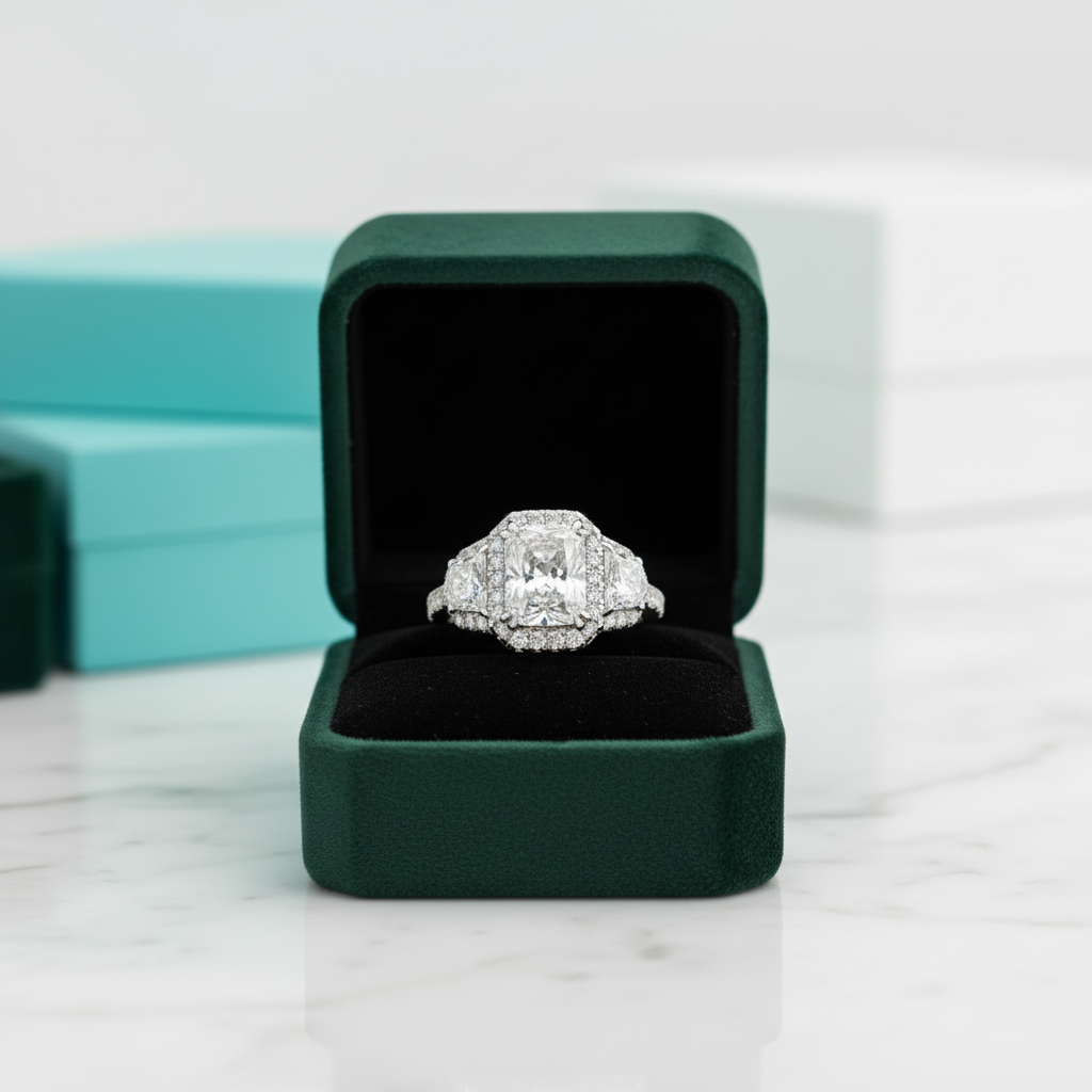 2.5 Ct Radiant Cut Three Stone Engagement Ring - Evani Naomi Jewelry