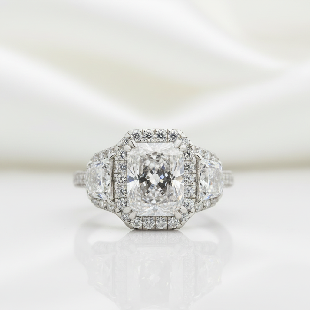 2.5 Ct Radiant Cut Three Stone Engagement Ring - Evani Naomi Jewelry