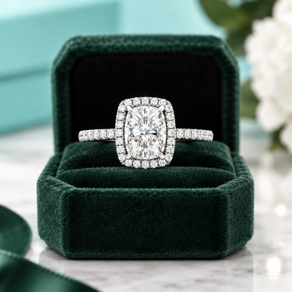 2.50 ct Cushion Cut Diamond Option 14k White Halo Engagement Ring - Evani Naomi Jewelry