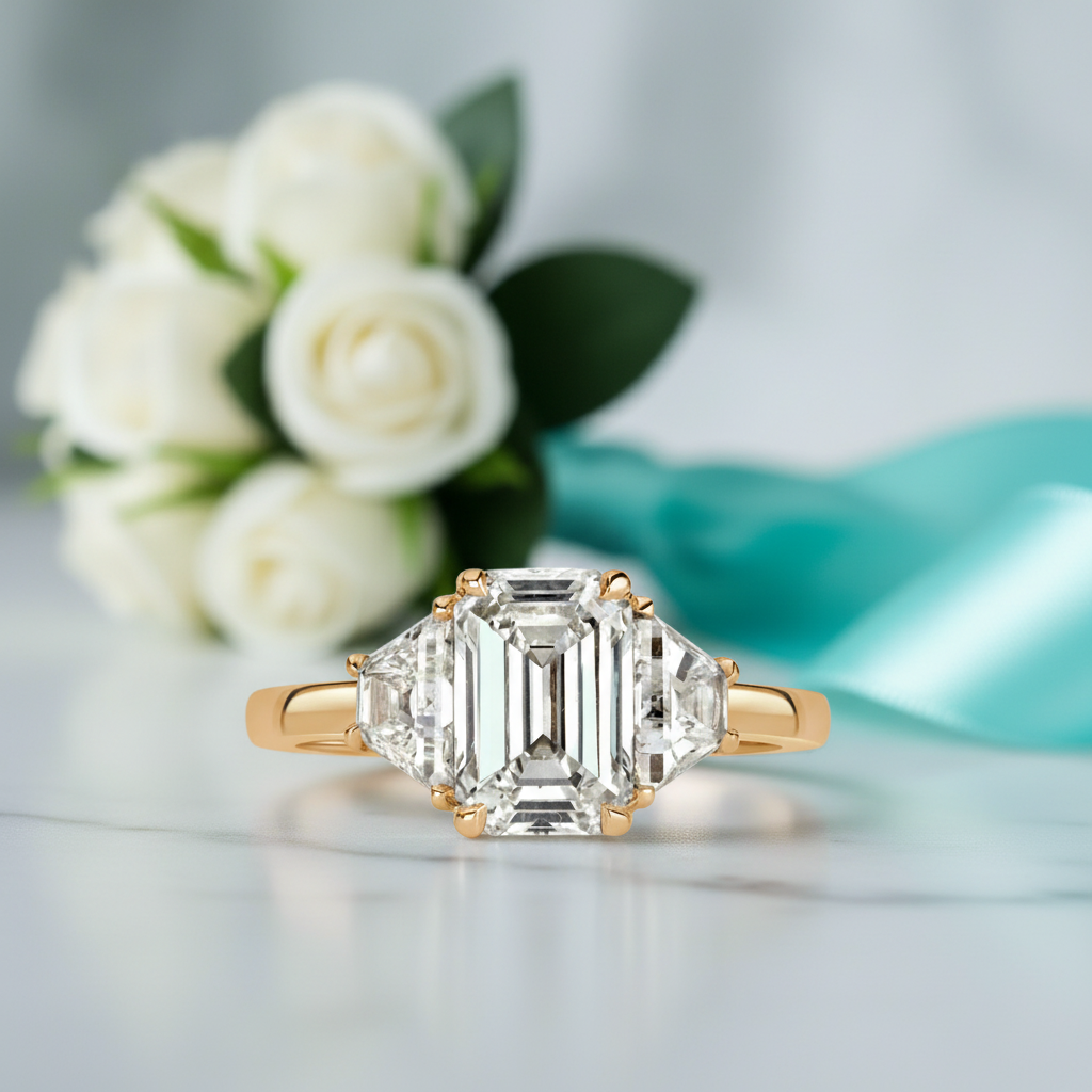 2.50 ct Emerald Cut Three Diamond Engagement Ring-Evani Jewelry