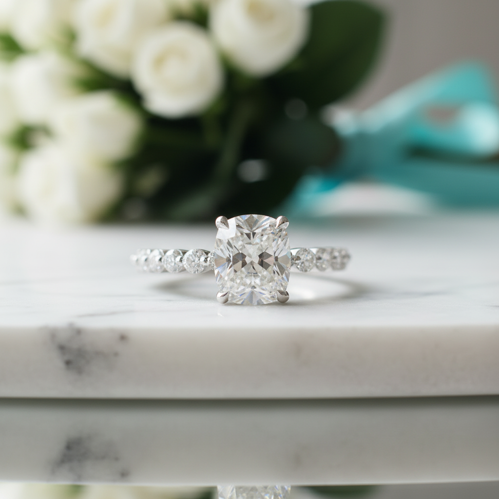 2.50 ct Old Mine Cut Diamond 14k White Gold Engagement Ring-Evani Jewelry