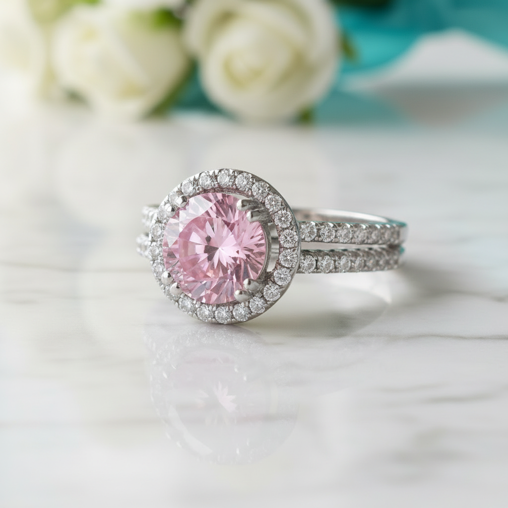 2.60 ct Round-cut Tourmaline Birthstone Halo Bridal Set - Evani Naomi Jewelry