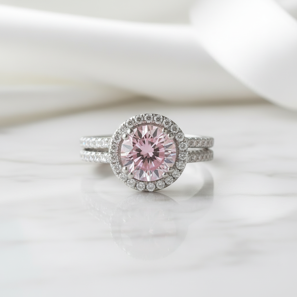 2.60 ct Round-cut Tourmaline Birthstone Halo Bridal Set - Evani Naomi Jewelry