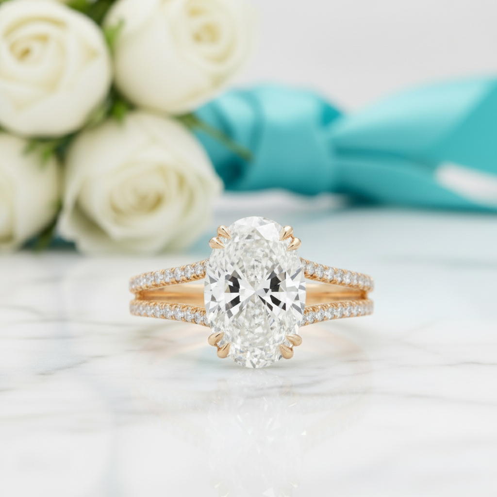 2.90 Ct Oval Cut Diamond Split Shank Engagement Ring-Evani Jewelry