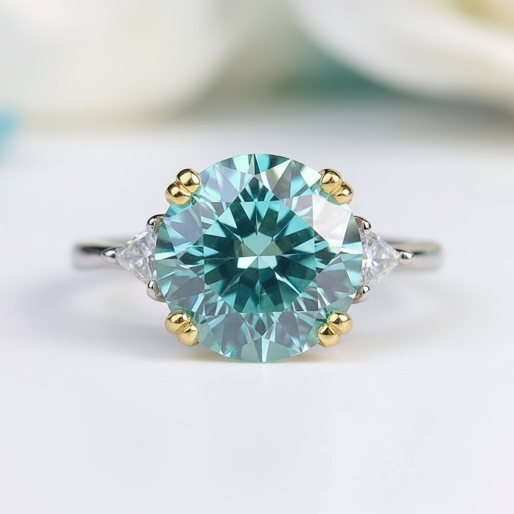 Ring with a large blue gemstone and gold accents on a light background