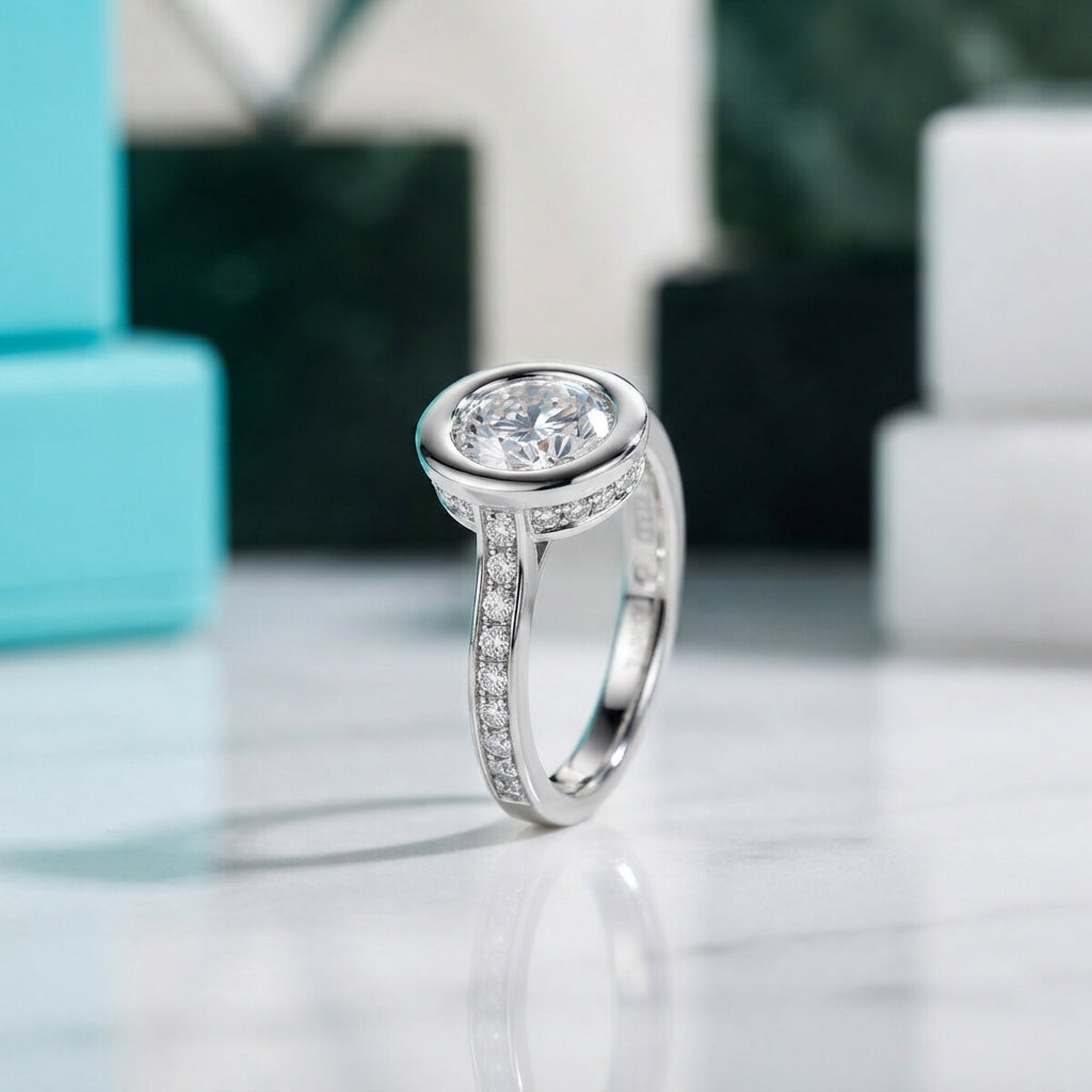A white gold or platinum engagement ring with a round-cut center stone and pavé-set side stones, standing on a polished marble surface with a blurred modern background.