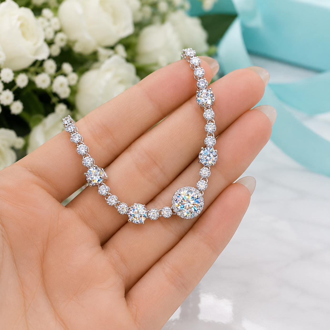 A close-up of a hand holding a silver tennis bracelet adorned with clear round-cut and round-pave diamonds. The background features soft-focus white roses and a light blue ribbon or box.