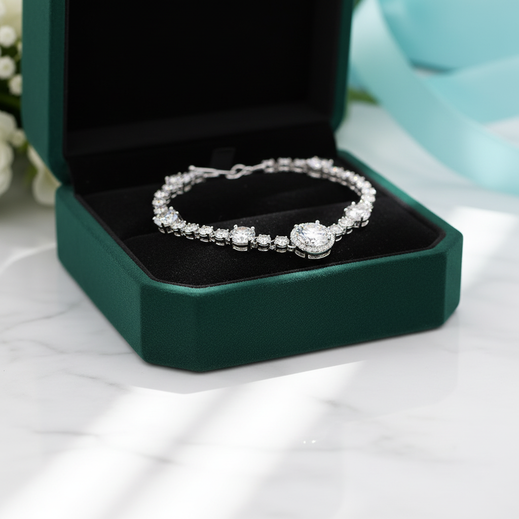 A silver-toned diamond bracelet with a large oval center stone is displayed inside an open dark green jewelry box on a white marble surface.