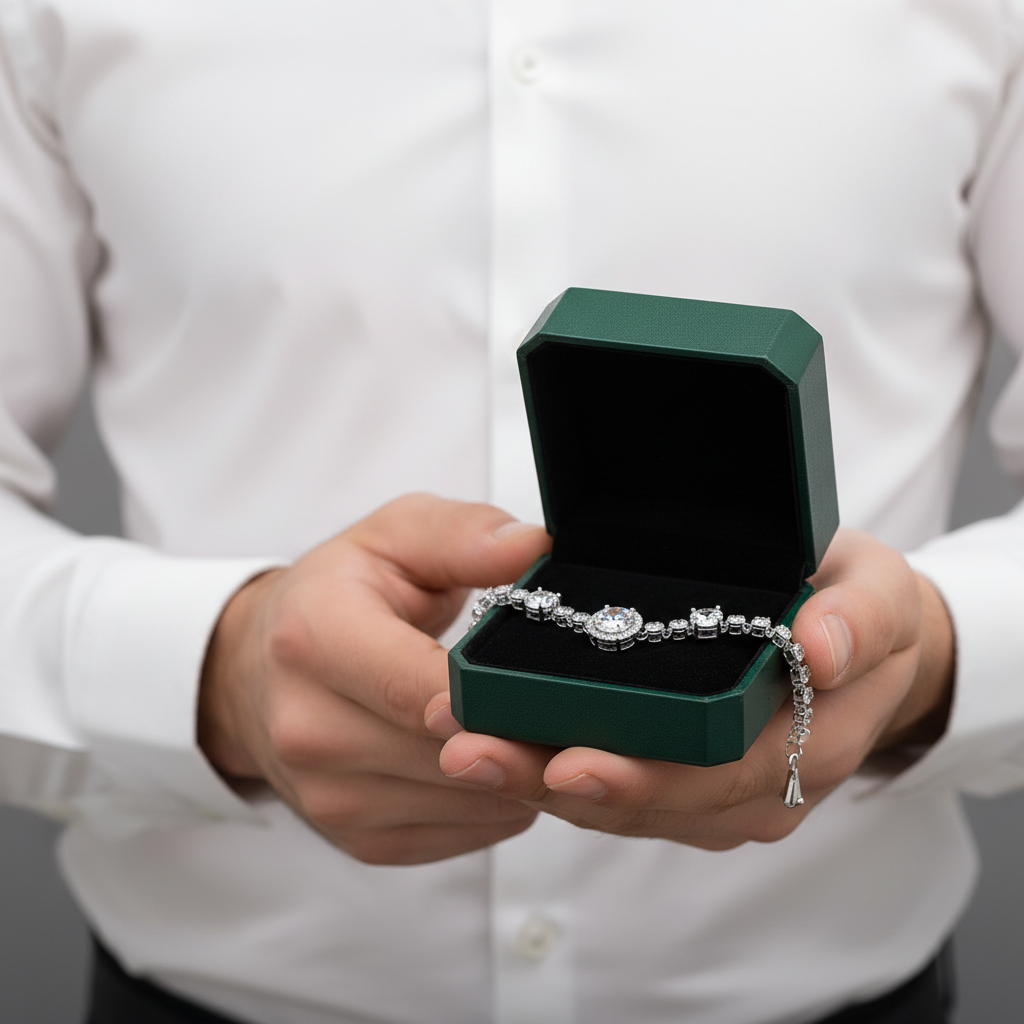 A silver-toned diamond bracelet with a central round-cut diamond is displayed inside an open dark green jewelry box held by a person wearing a white dress shirt.