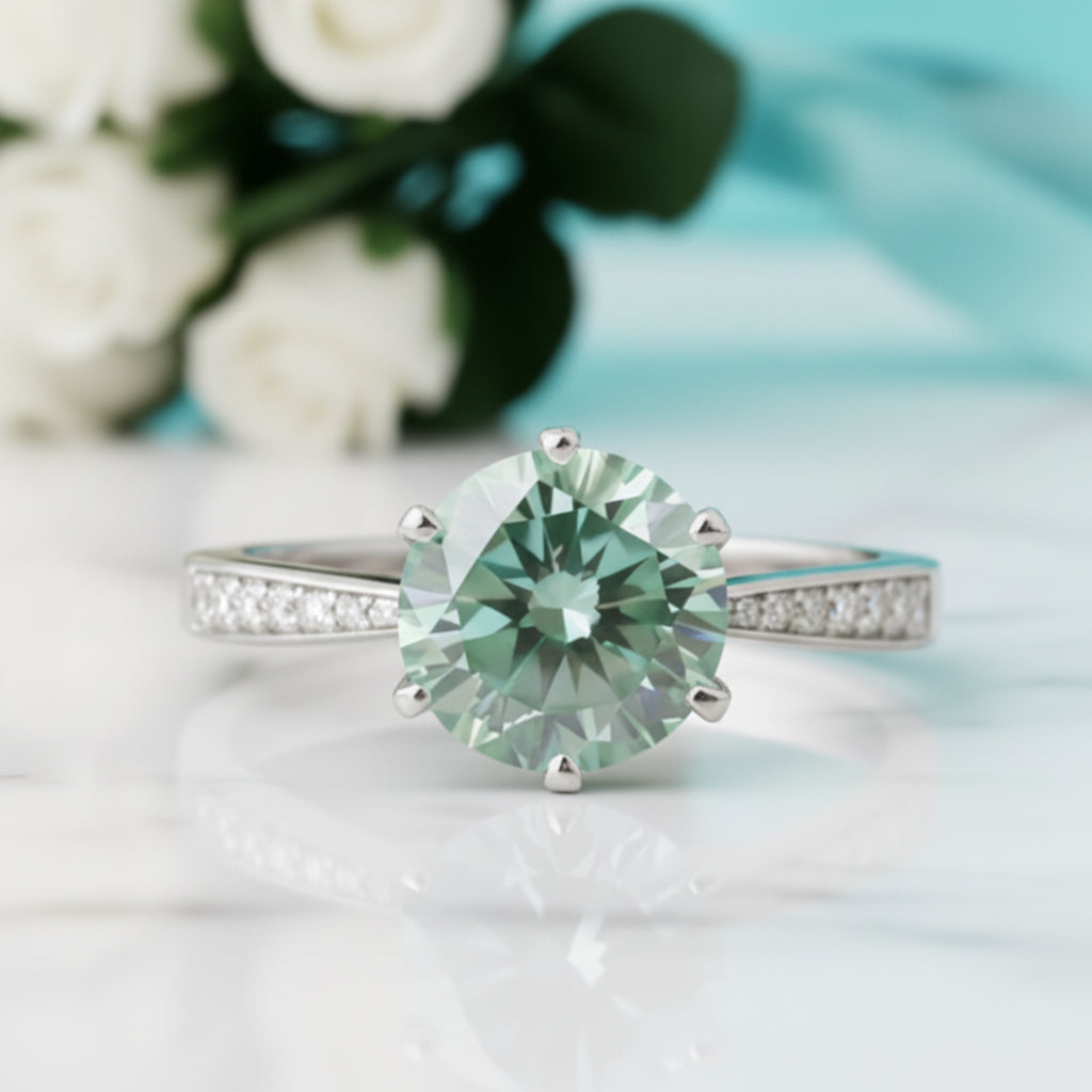 3.0 Ct Green Round Cut Diamond Engagement Ring-Evani Jewelry