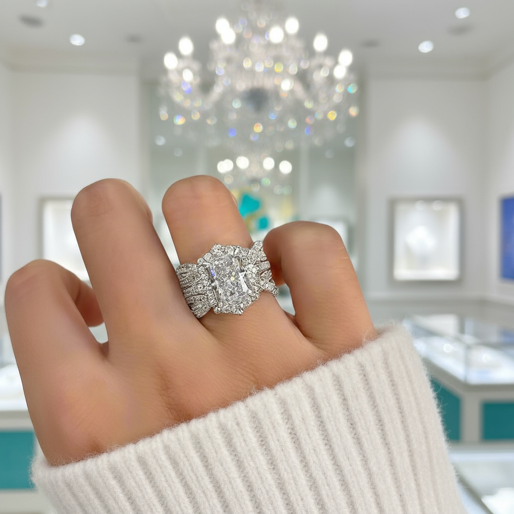 3.0 Ct Halo Radiant Cut Insert Ring Set-Evani Jewelry