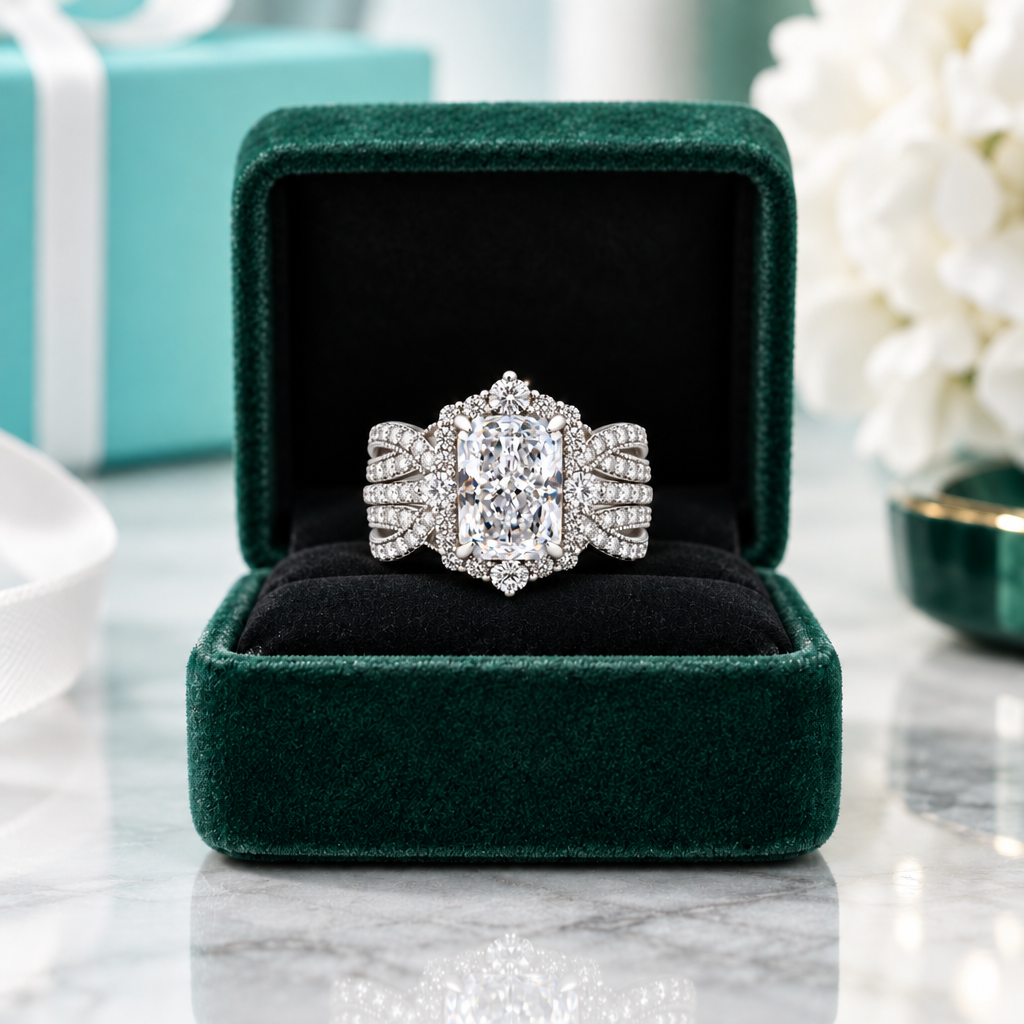 3.0 Ct Halo Radiant Cut Insert Ring Set