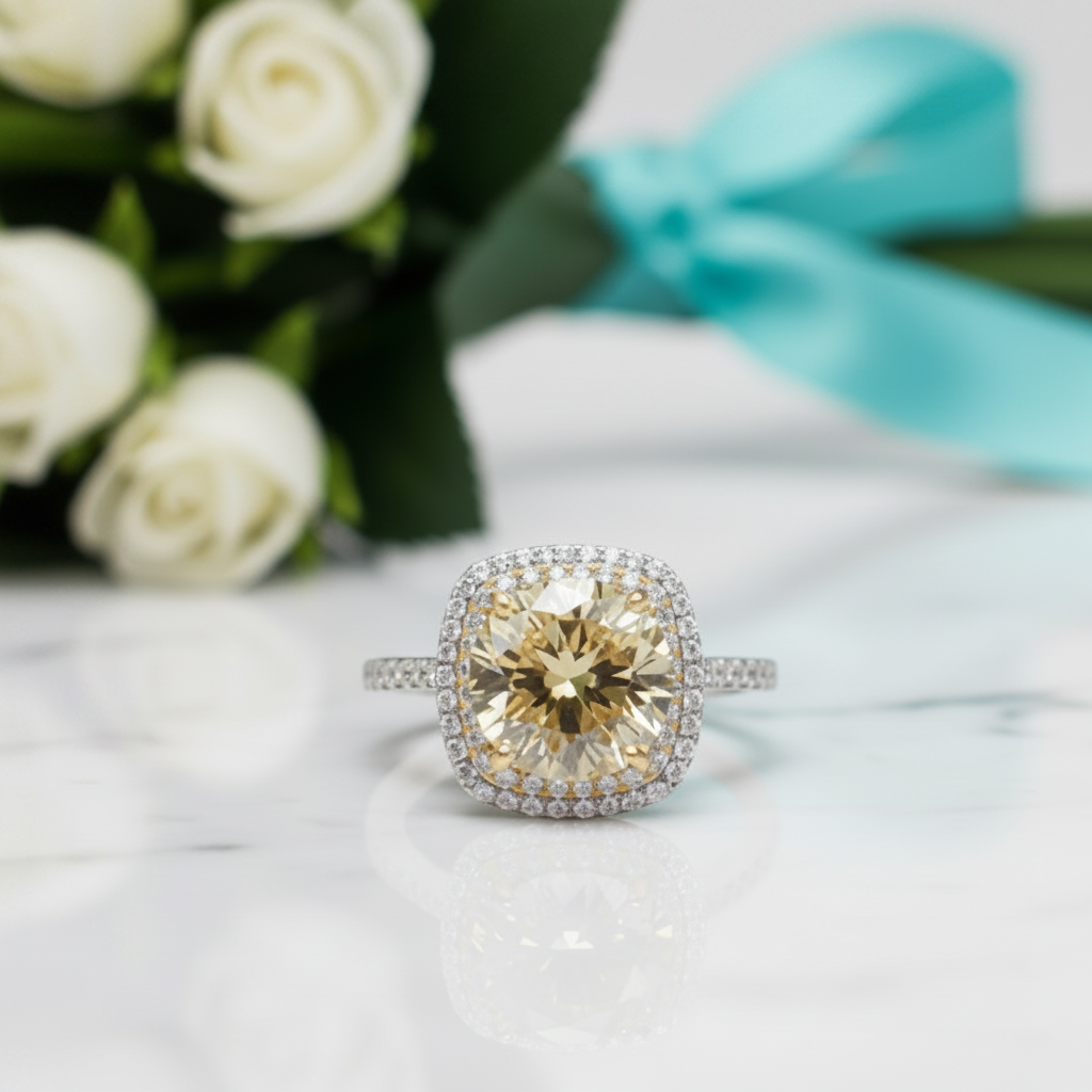 3.0 Ct Round Yellow Diamond Classic Halo Engagement Ring-Evani Jewelry
