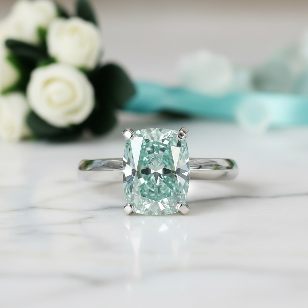 3.0 ct Blue Green Cushion Cut Diamond Engagement Ring-Evani Jewelry