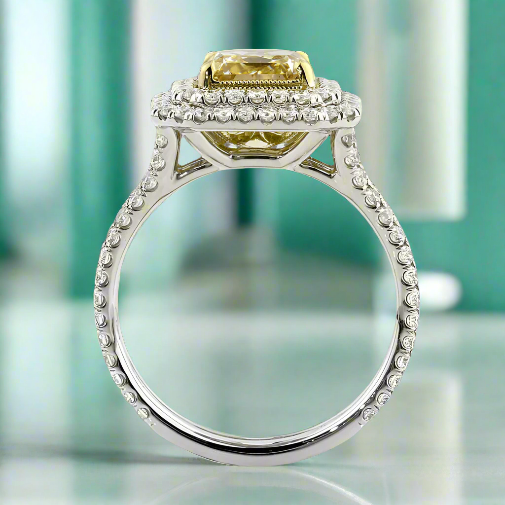 3.0 ct Fancy Yellow Radiant Cut Diamond Double Halo Engagement Ring-Evani Naomi Jewelry