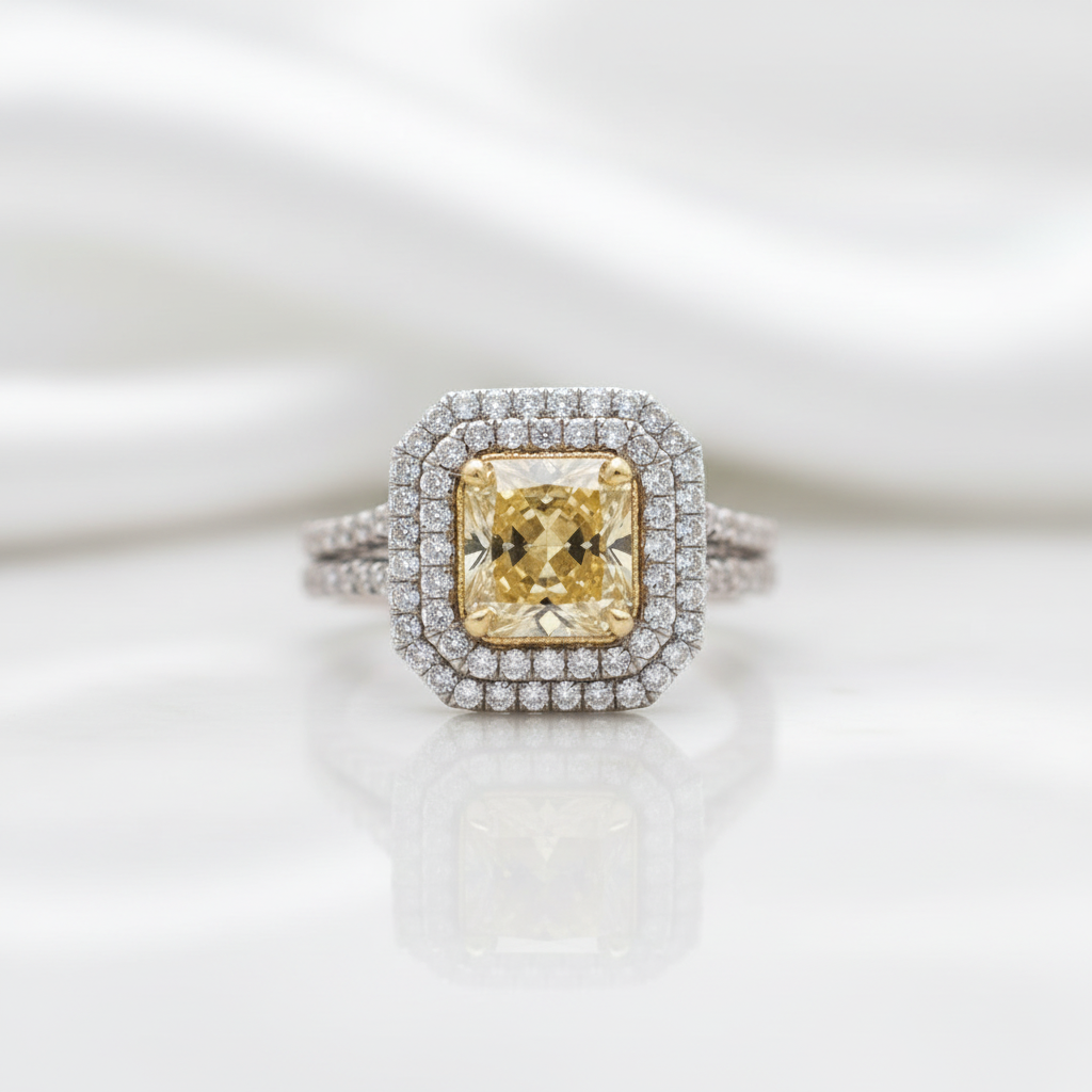 3.0 ct Fancy Yellow Radiant Cut Diamond Option Double Halo Engagement Ring - Evani Naomi Jewelry