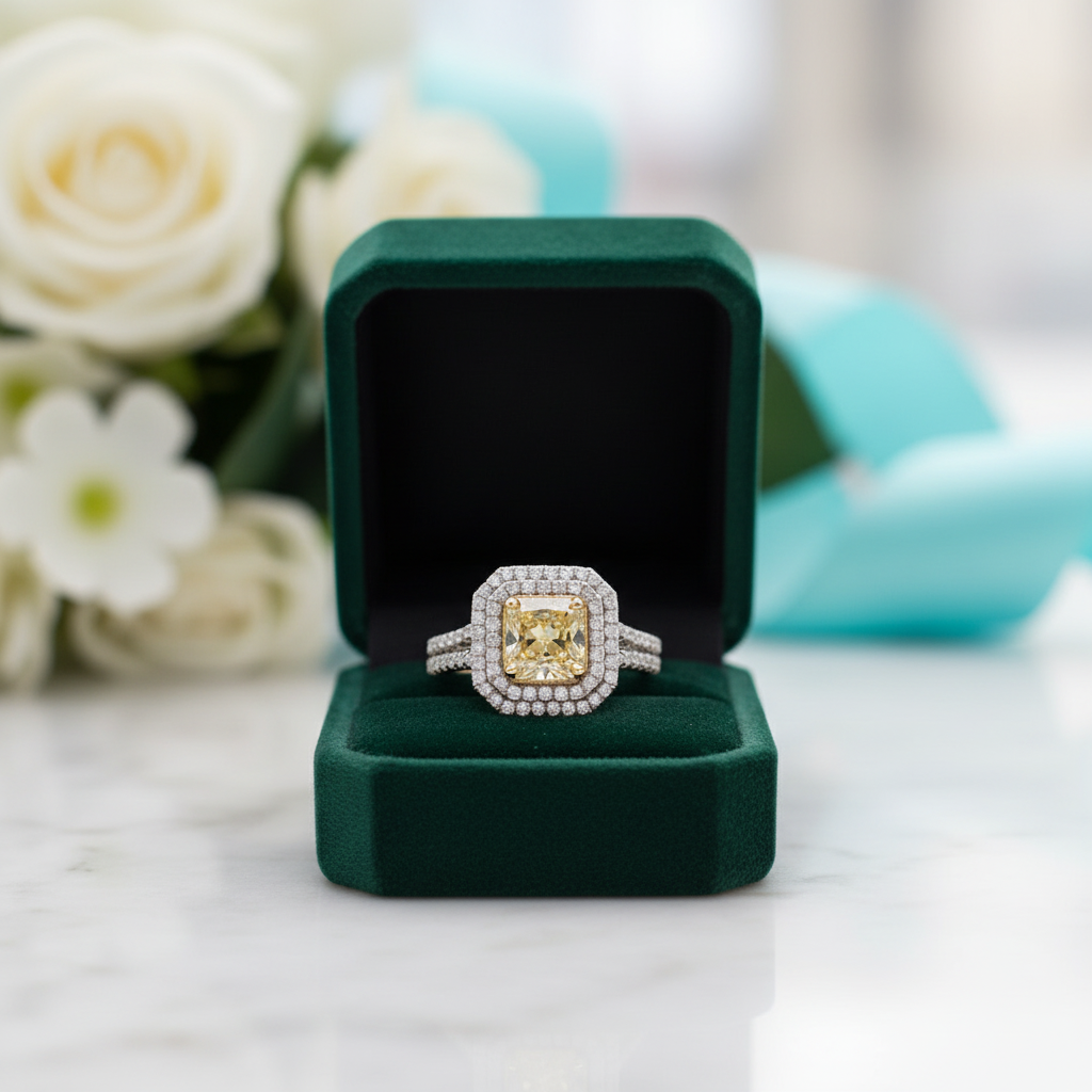 3.0 ct Fancy Yellow Radiant Cut Diamond Option Double Halo Engagement Ring - Evani Naomi Jewelry