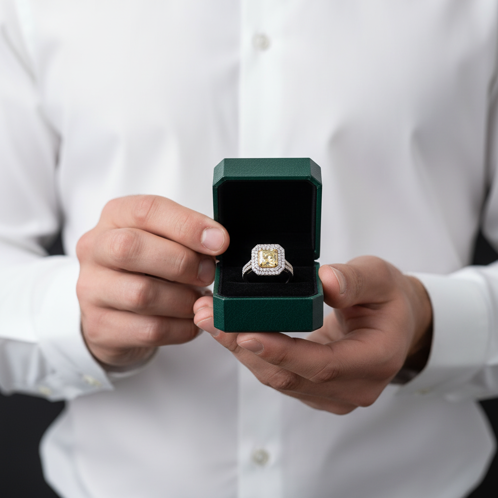 3.0 ct Fancy Yellow Radiant Cut Diamond Option Double Halo Engagement Ring - Evani Naomi Jewelry