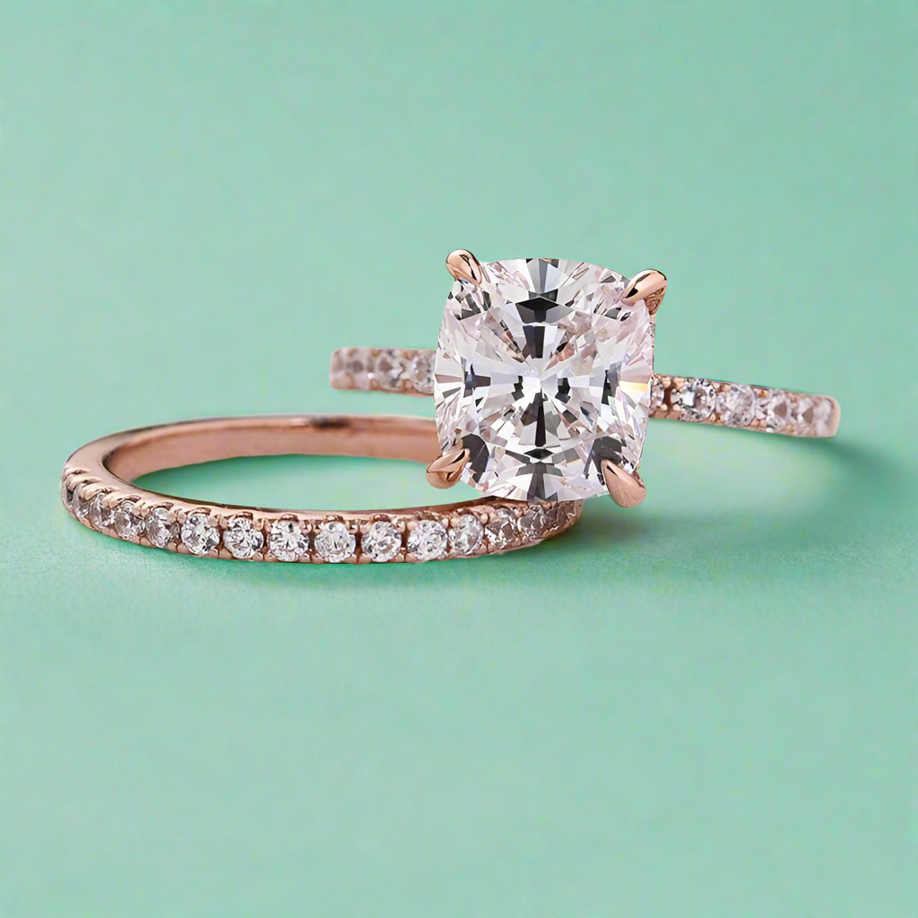 3.0ct Cushion Cut Rose Gold Diamond Wedding Ring Set-Evani Naomi Jewelry