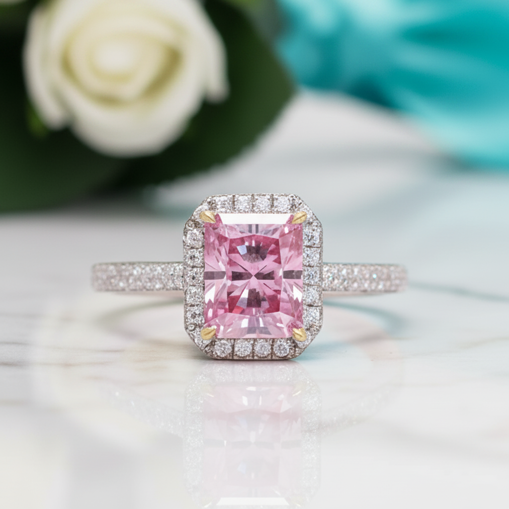3.0ct Pink Emerald Cut Halo Diamond Tourmaline Engagement Ring-Evani Jewelry