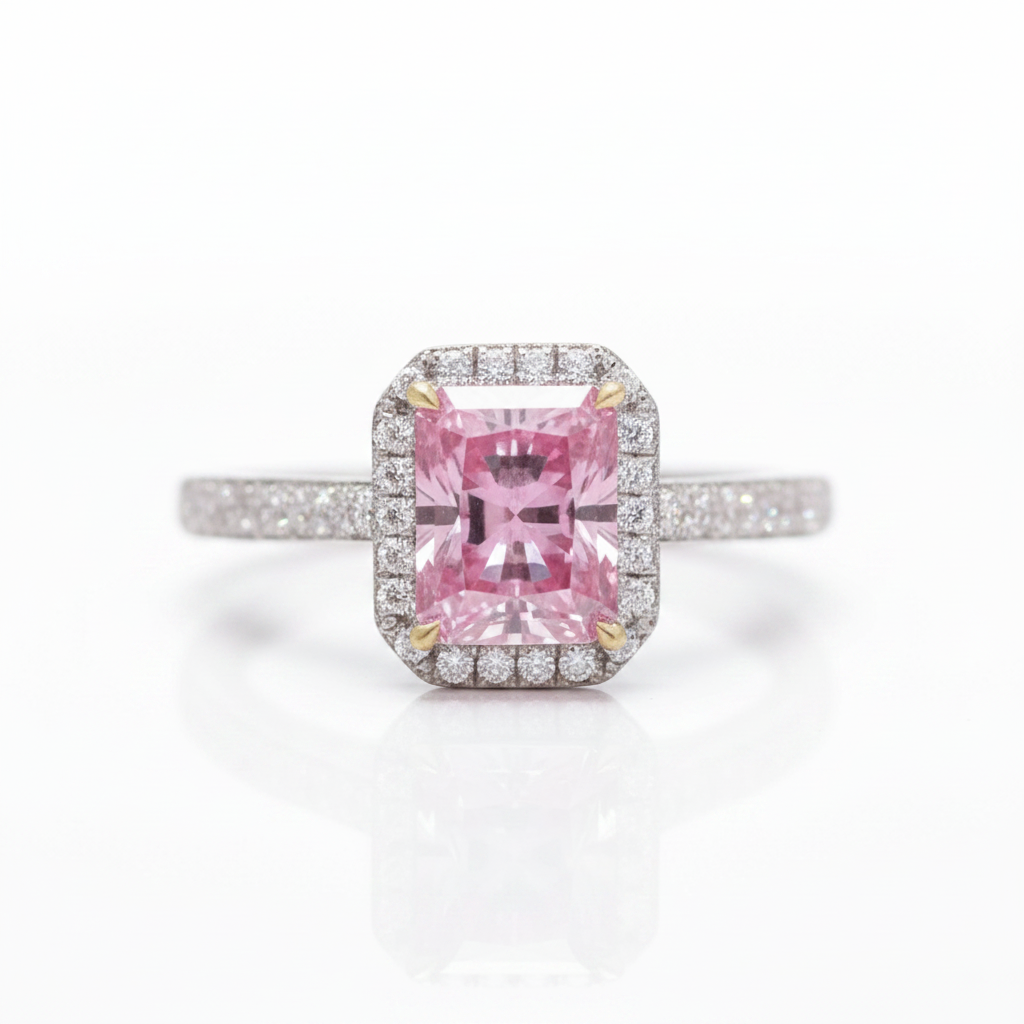 3.0ct Pink Emerald Cut Halo Diamond OptionTourmaline Engagement Ring - Evani Naomi Jewelry