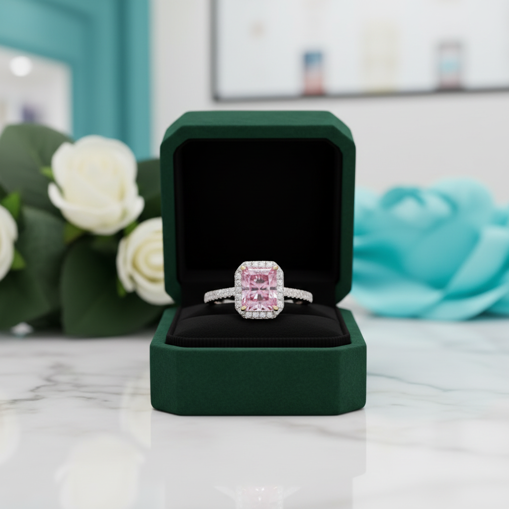 3.0ct Pink Emerald Cut Halo Diamond OptionTourmaline Engagement Ring - Evani Naomi Jewelry