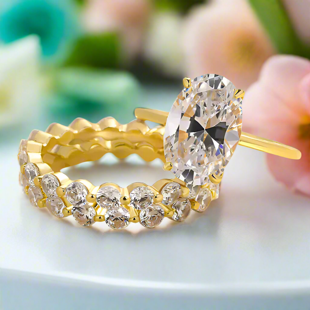 3.5 Ct Oval Cut 3PC Yellow Gold Wedding Ring Set-Evani Jewelry