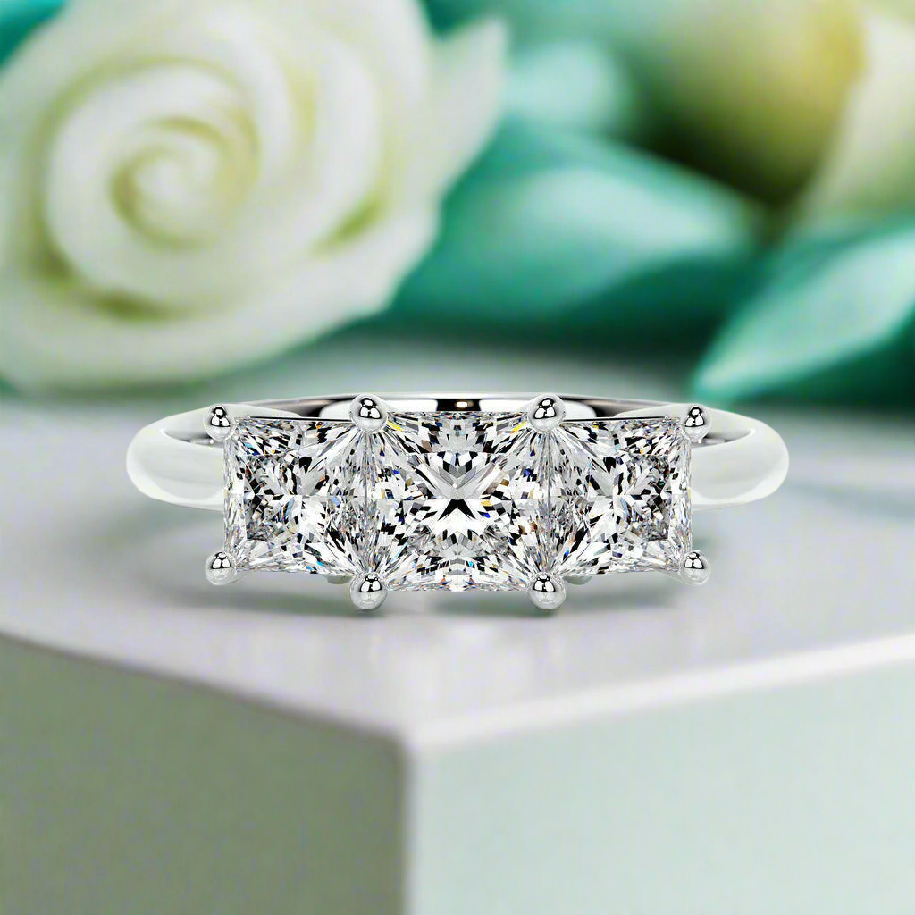 3.5 Ct Princess Cut Three Stone Diamond Engagement Ring - Evani Naomi Jewelry