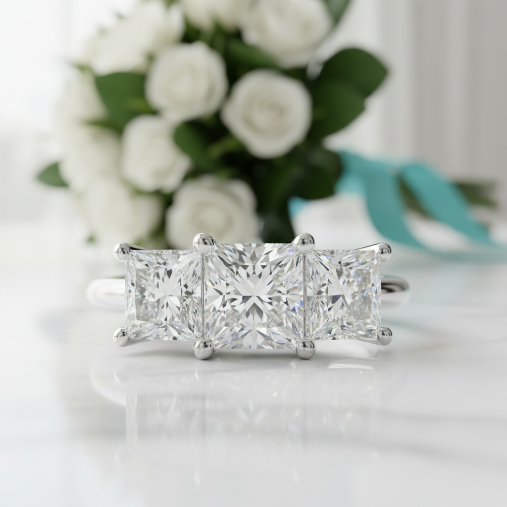 3.5 Ct Princess Cut Three Stone Diamond Engagement Ring-Evani Jewelry