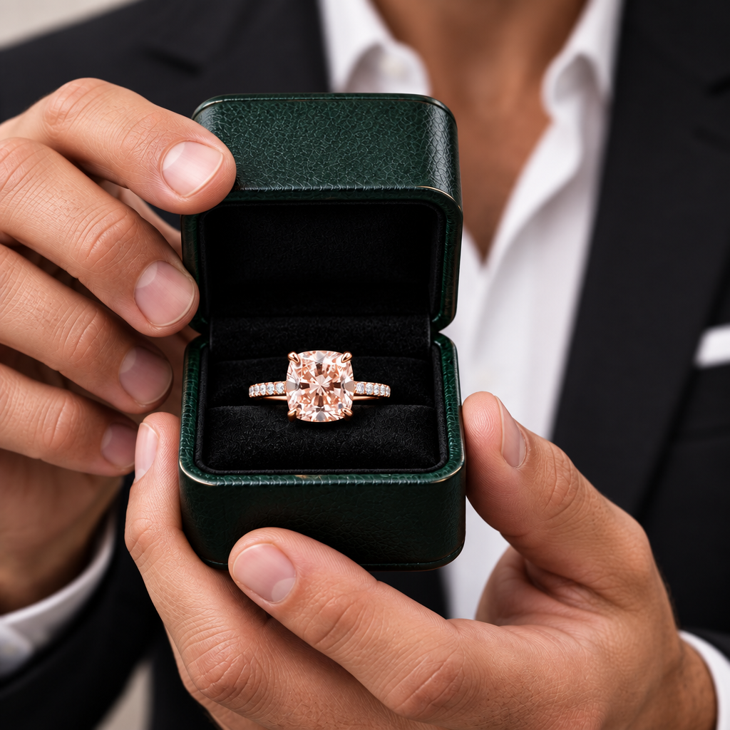 A man in a black suit and white shirt holds an open dark green ring box toward the camera, displaying a rose gold ring with a cushion-cut clear gemstone and small side stones.