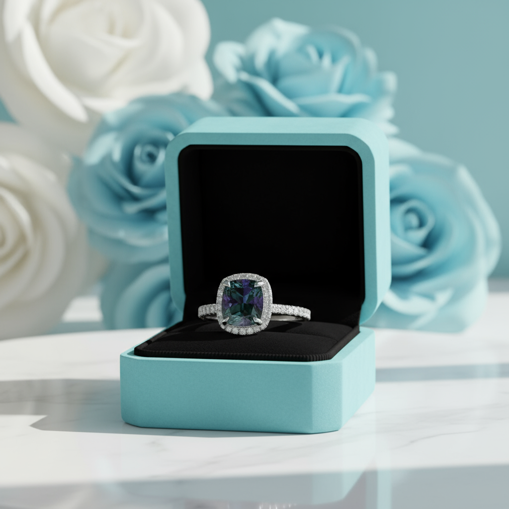 3.50 ct Cushion Cut Alexandrite Halo Engagement Ring-Evani Jewelry