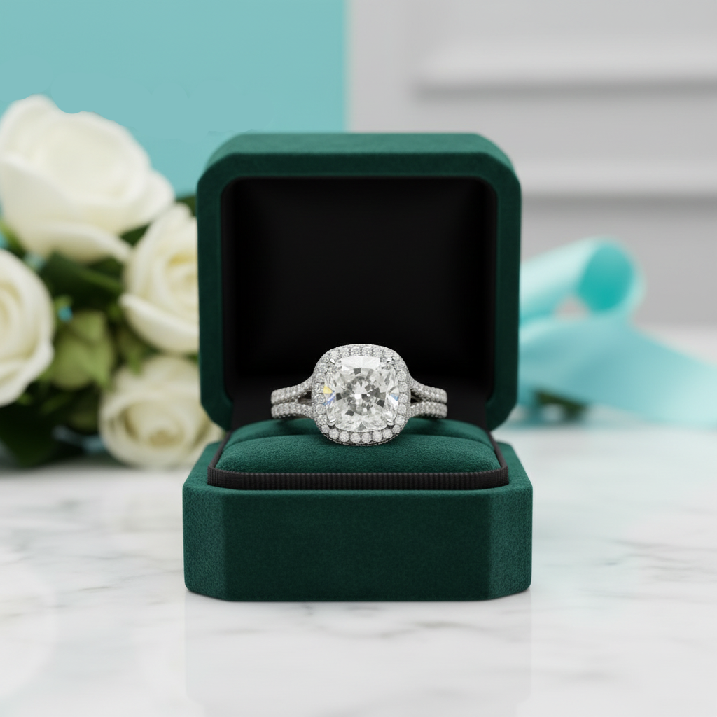 3.50 ct Cushion Cut Halo Diamond Option Double Band Engagement Ring - Evani Naomi Jewelry