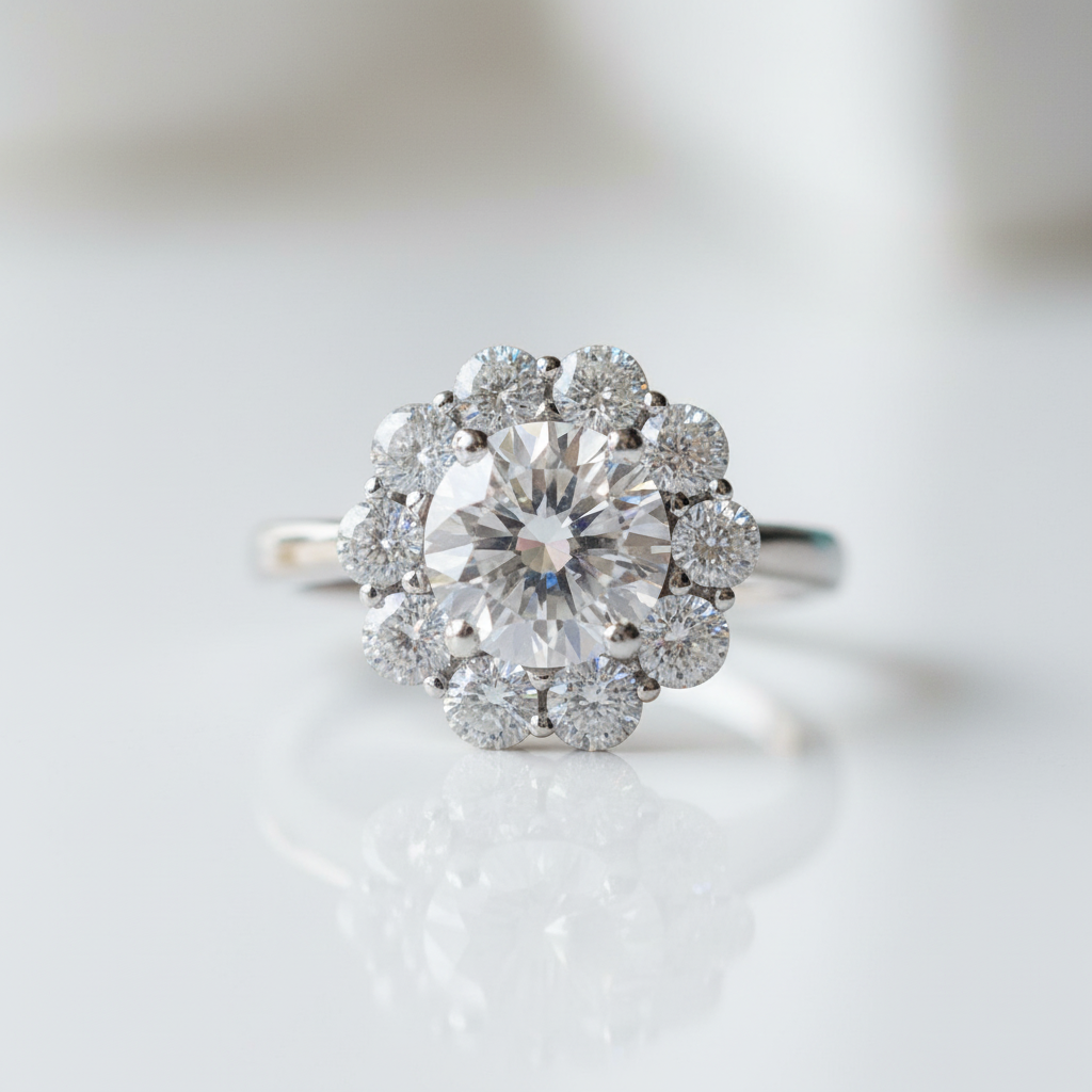 3ct Round Cut Crackling Diamond OptionFlower Halo Engagement Ring - Evani Naomi Jewelry