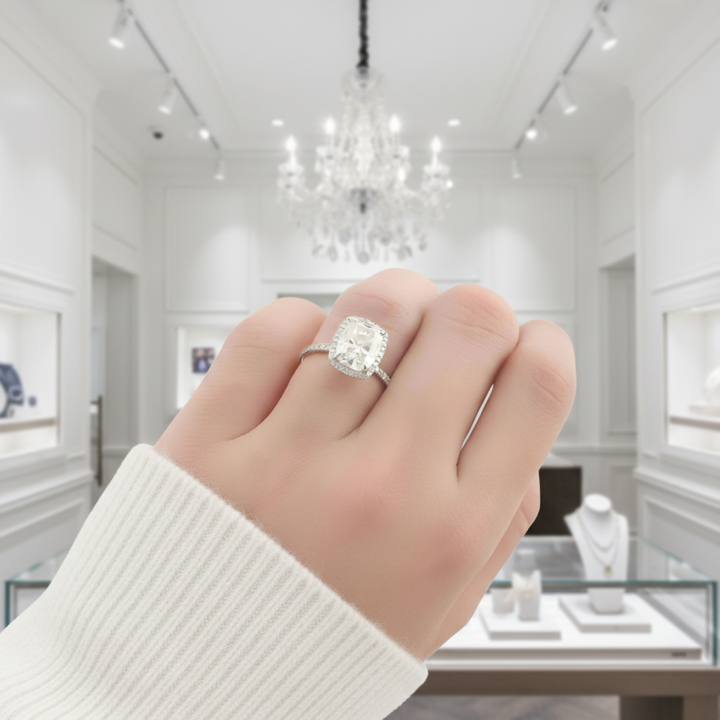 4.0 Ct Cushion Cut Diamond Option14k White Gold Halo Engagement Ring - Evani Naomi Jewelry