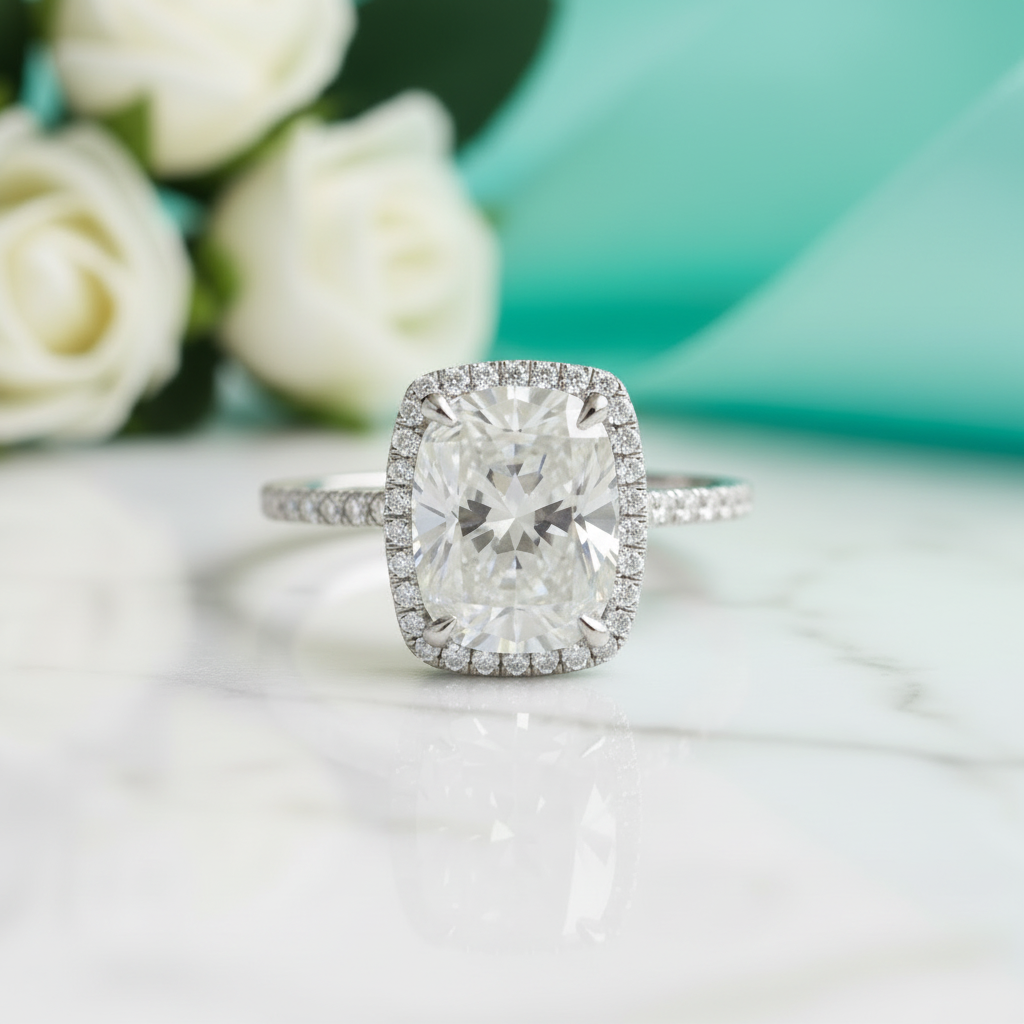 4.0 Ct Cushion Cut Diamond 14k White Gold Halo Engagement Ring-Evani Jewelry