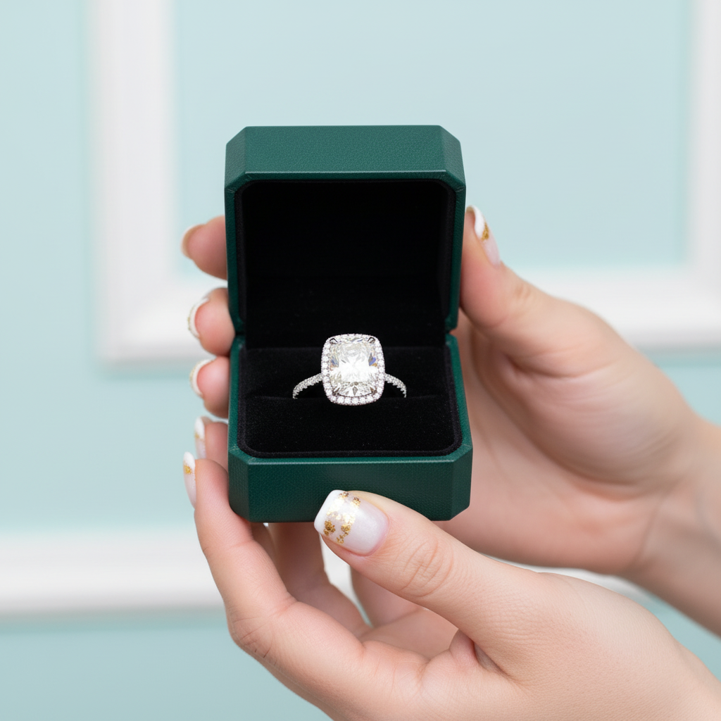 4.0 Ct Cushion Cut Diamond Option14k White Gold Halo Engagement Ring - Evani Naomi Jewelry